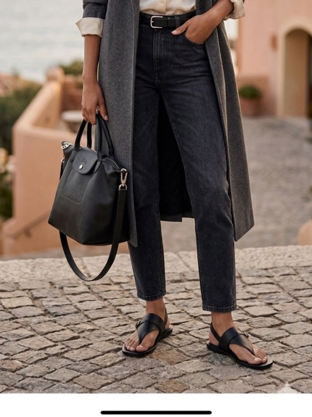 BRAND NEW Longchamp Black Leather Thong Slingback Sandals